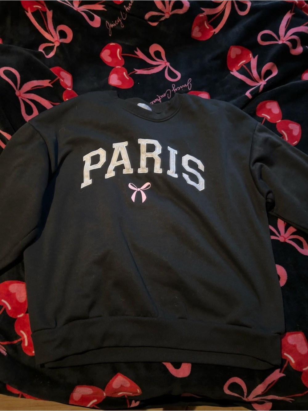Black 'PARIS' Crewneck Sweatshirt with Pink Bow Detail